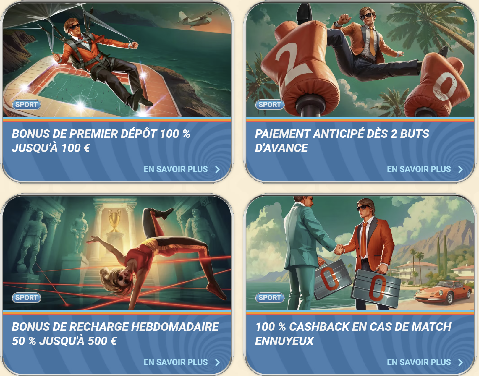 Interface mobile de Vegasino avec options de bonus et de paris sportifs